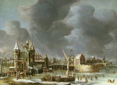 Ansicht des Regulierspoort, Amsterdam, im Winter von Jan Abrahamsz. Beerstraten
